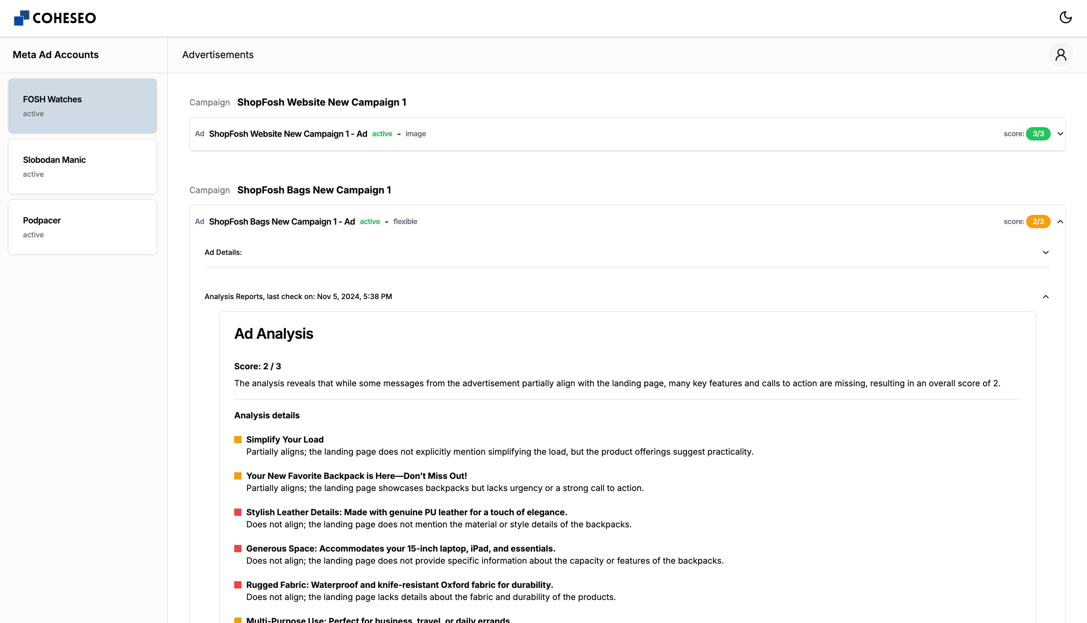 Coheseo dashboard