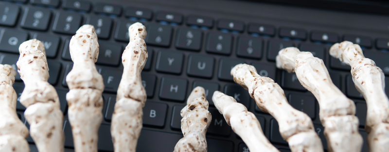 skeleton hands typing on computer posted by Coheseo